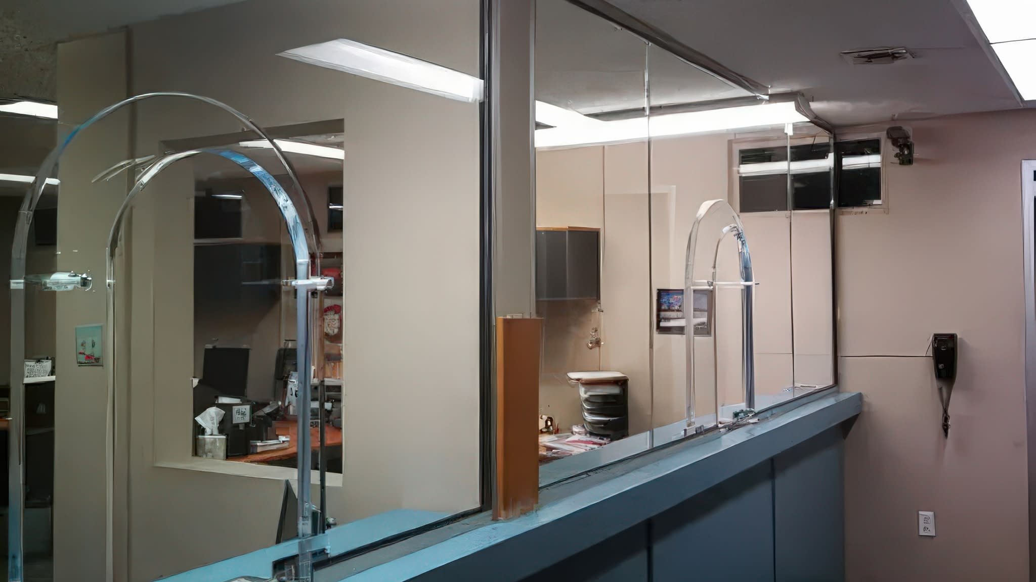 Прозрачни плексигласови прегради с отвори за обслужване, монтирани върху гише в административен офис.