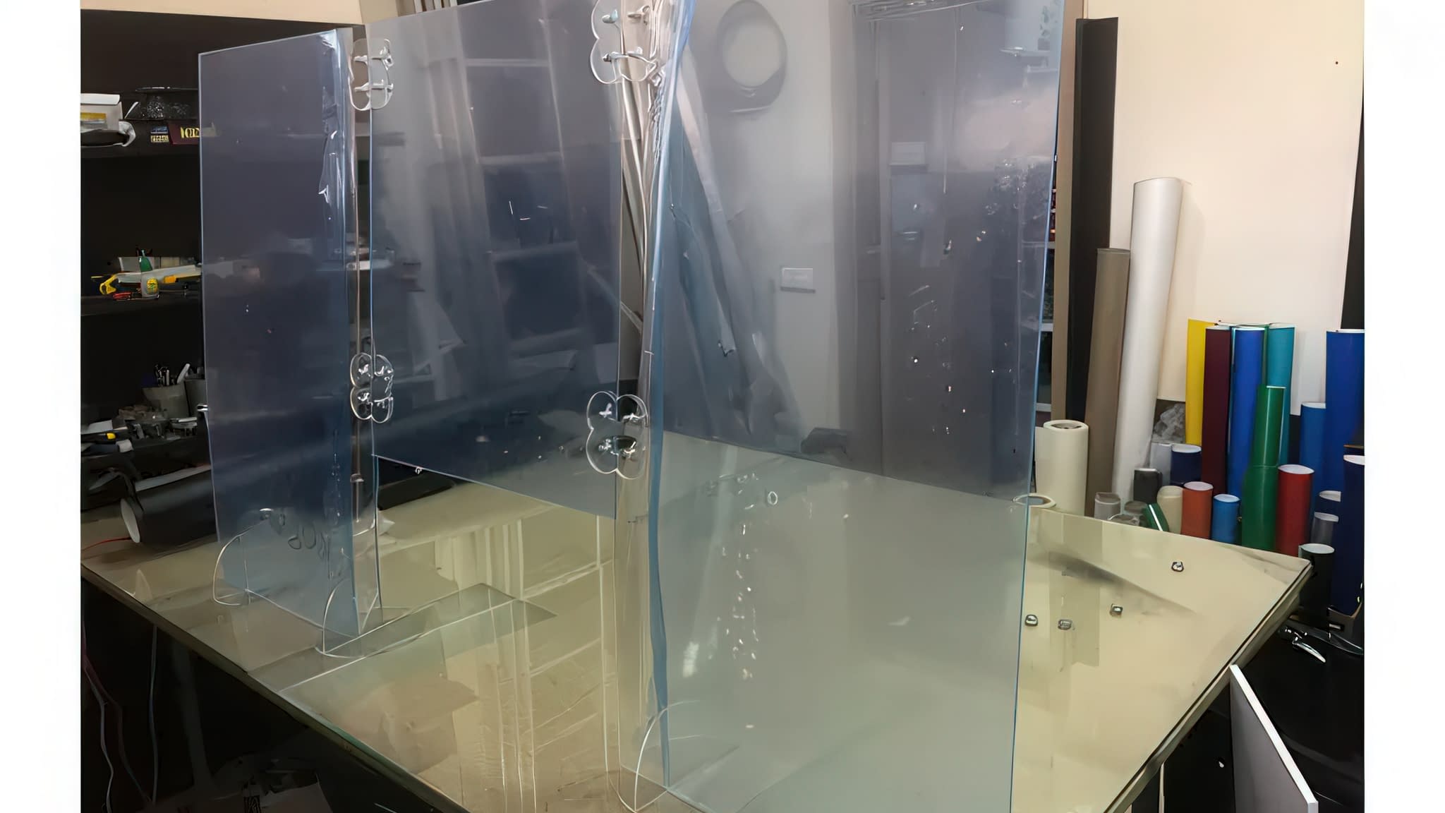 Тройна плексигласова предпазна преграда с прозрачни панели и стабилни крачета – идеално решение за офиси и гишета, осигуряващо защита срещу COVID-19.