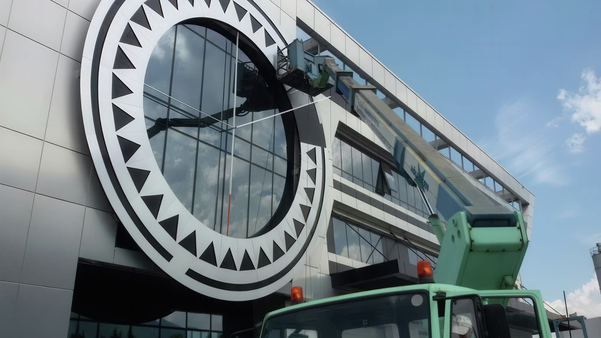 Голяма фасадна табела с геометричен дизайн върху стъклена сграда – впечатляваща външна реклама с модерен стил.